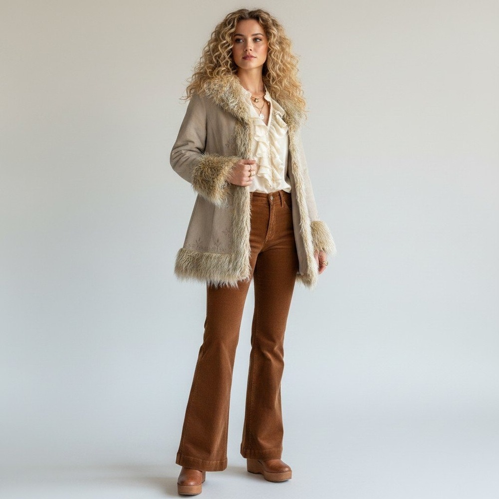 JLC New York Tan Suede Leather Penny Lane Coat Faux Fur Trim Embroidered Medium